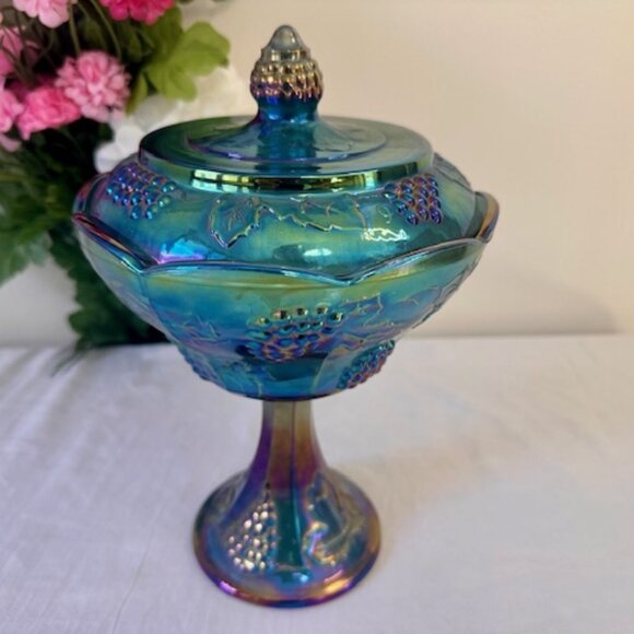 Vintage Blue Carnival Glass Compote with Lid Grape Pattern Iridescent Luster Fin - Picture 2 of 5